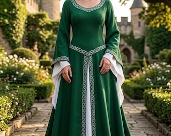 Vestido medieval celta para mujer / Vestido de feria renacentista / Disfraz de Halloween / Vestido largo gótico de manga acampanada / LARP