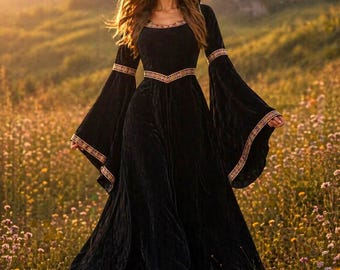 Vestido medieval de terciopelo con capucha para mujer / Vestido de feria renacentista / Vestido gótico con mangas acampanadas / Traje para juegos de rol en vivo (LARP) / Vestido de Halloween