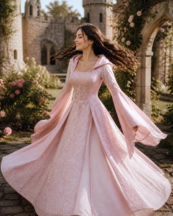women's light pink flowy dress for cosplay Medieval Hooded Dress for Women | Renaissance Faire Costume | Celtic  Fantasy Gown | Corset Lace up Witch Dress | Halloween Cosplay