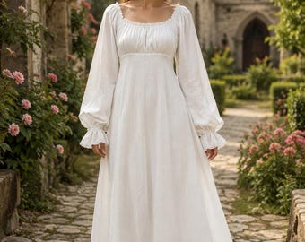 Vestido camisero medieval para mujer / Vestido de Halloween para feria renacentista / Disfraz de lino blanco estilo cottagecore / Traje para recreación histórica LARP