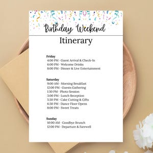 Mall för födelsedagshelgplan, redigerbar födelsedagsreseplan, utskrivbart födelsedagsfestschema, Canva-födelsedagsfestplan