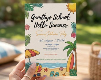 Goodbye School Hello Summer Invitation End of School Party Invite Sun Beach Swim Pool Palm Tree Tropical Schools Out EDITABLE Template