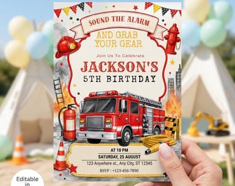 Editable Fire Truck Birthday Invitation, Firetruck Invitation, Fire Engine Invitation, Firefighter Birthday Invite, Editable Canva Template