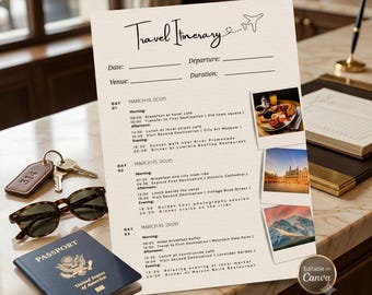 Editable Digital Travel Itinerary Template Canva | Minimalist Vacation Planner (Digital Download)