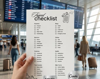Editable Travel Packing List, Travel Checklist Printable, Travel Planner, Travel Organizer, Travel Vacation Planner, Packing List for Women