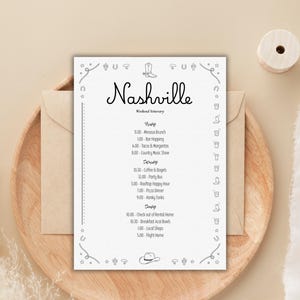May include: A white paper with the word "Nashville" in cursive script, listing a weekend itinerary. The paper is inside a tan envelope, placed on a wooden plate. Decorative elements include stars, boots, and hats.