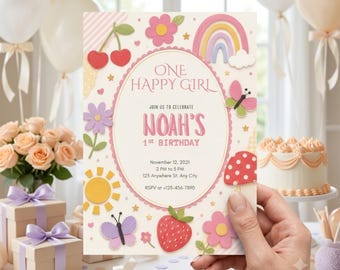 One Happy Girl Birthday Invitation, Rainbow Sunshine Girl First Birthday Invitation, Girl 1st Birthday, Sunshine Invitation, Editable Canva