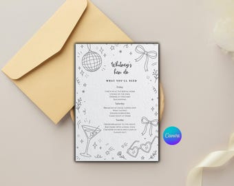 Hen Do Itinerary & Packing List Template | Editable Canva 5x7” + iPhone | Simple Doodle Hen Do Weekend Schedule | Digital Download