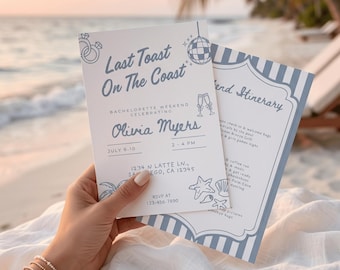 Beach Bachelorette Party Invitation & Itinerary: Last Toast on The Coast (Editable Canva, Digital Download)