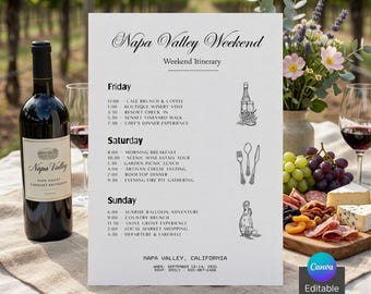 Napa Valley Winery Weekend Itinerary Template, Editable Canva Vineyard Trip Planner, Wine Tasting Schedule Printable, Wine Tour Guide