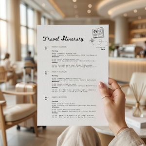May include: A travel itinerary for Paris, with the title "Travel Itinerary" at the top. The itinerary is dated March 14-16, 2026, and includes activities like visiting museums, enjoying local cafes, and a sunset walk. The document is held by a person.