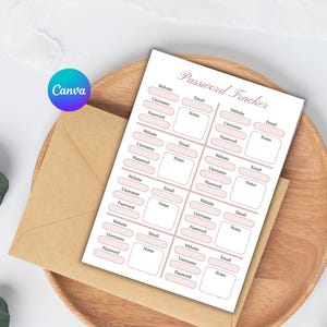 May include: A white password tracker sheet with pink text and boxes, featuring fields for website, username, password, email, and notes. The sheet is on a wooden plate with a brown envelope and a Canva logo.