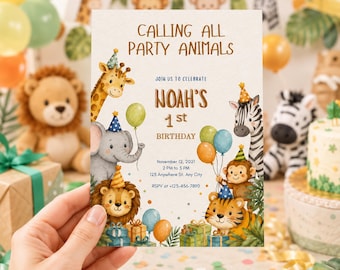 Party Animals Birthday Invite, Safari Animals Birthday Party, Editable Colorful Any Age Birthday Invite, Calling All Party Animals Invite