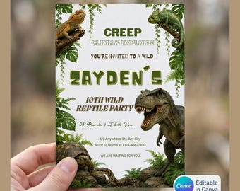 Reptile Birthday Invitation Template, Dinosaur Birthday Invite, Snake Chameleon Tortoise Lizard Party Invitation, Jungle Reptile Theme