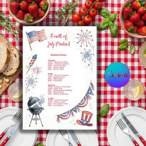 Puede incluir: Un itinerario del fin de semana del 4 de julio en papel blanco con un tema rojo, blanco y azul. La imagen incluye un entorno de picnic con fresas, pan y bebidas sobre un mantel a cuadros rojo y blanco.