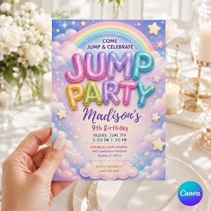 Op de afbeelding: Een rechthoekige uitnodigingskaart met een kleurrijke regenboog, pluizige wolken en gele sterren tegen een paarse lucht. De tekst luidt: COME JUMP & CELEBRATE JUMP PARTY, Madison's 9th Birthday, Friday, June 7th, 5:00 PM 7:30 PM, Sparkle Jump Arena, 1845 Celebration Park Drive, Orlando, FL 32819, RSVP TO JESSICA AT (407) 555-2189.