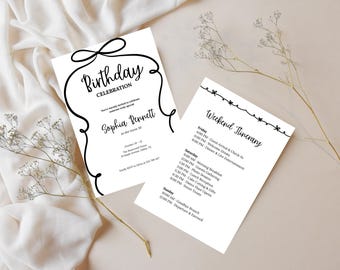 Birthday Itinerary, Birthday Program with Invitation, Black Bow Birthday Invite, Coquette Party Schedule, Editable Itinerary Template