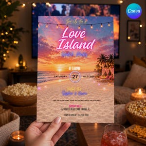 Może przedstawiać: Prostokątna ulotka z zaproszeniem na imprezę Love Island z plażą o zachodzie słońca, palmami, girlandami świetlnymi i szczegółami tekstowymi, w tym datą sobota 27 października o 15:00, lokalizacja 45 Sunset Beach Lane, Miami, FL.