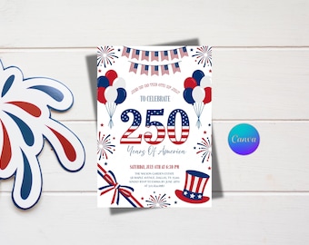 250th America Anniversary Invitation Canva Template | Editable Patriotic Party Itinerary | 4th of July Event Schedule Invite