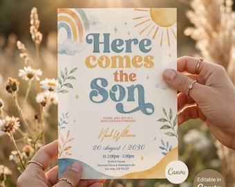 Here Comes the Son Baby Shower Invitation, Editable Boho Sunshine Baby Shower Invitation, Canva Birthday Party Printable Template,