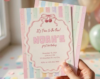 Fun to Be One Birthday Invitation, One is Fun Party Hat Birthday Party, Colorful Boy First Birthday Invite, One Year Birthday Party Invite