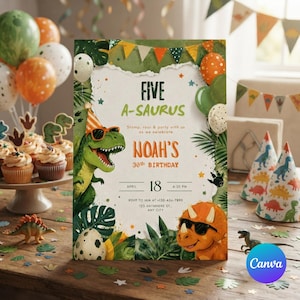 Puede incluir: Una tarjeta de invitación de cumpleaños con un T-Rex verde con gafas de sol naranjas y un gorro de fiesta, un triceratops naranja con gafas de sol, hojas tropicales y el texto: FIVE A-SAURUS, NOAH'S 30th BIRTHDAY, APRIL 18, 4:30 PM.
