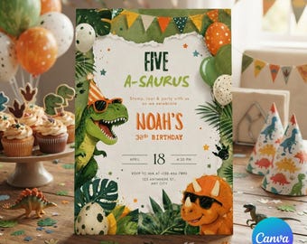 Five A-Saurus Birthday Invitation, Dinosaur Birthday Invitation, T-rex Birthday Invite, Dinosaur 30th Birthday Party Invite, Editable Canva