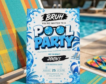 Bruh Pool Party Birthday Invitation, Boy Summer Swim Party Invite, Editable Canva Template