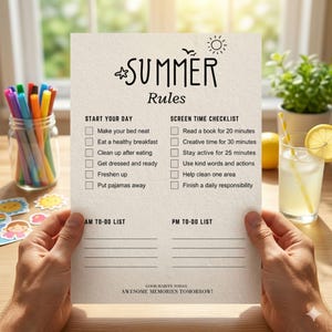 May include: A white paper checklist titled Summer Rules with black text. It features sections for Start Your Day, Screen Time Checklist, AM To-Do List, and PM To-Do List, with checkboxes and lines for writing. The bottom text reads Good Habits Today, Awesome Memories Tomorrow.