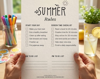 Summer Chore Chart | editable | Printable Chore Chart for Kids | Summer Checklist | routine | rules | screen time allowance | Summer Rules