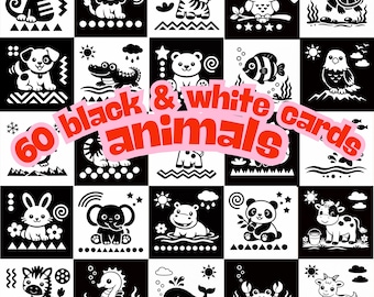 Tarjetas didácticas de animales en blanco y negro para bebés: Juguete sensorial Montessori (Descarga digital)