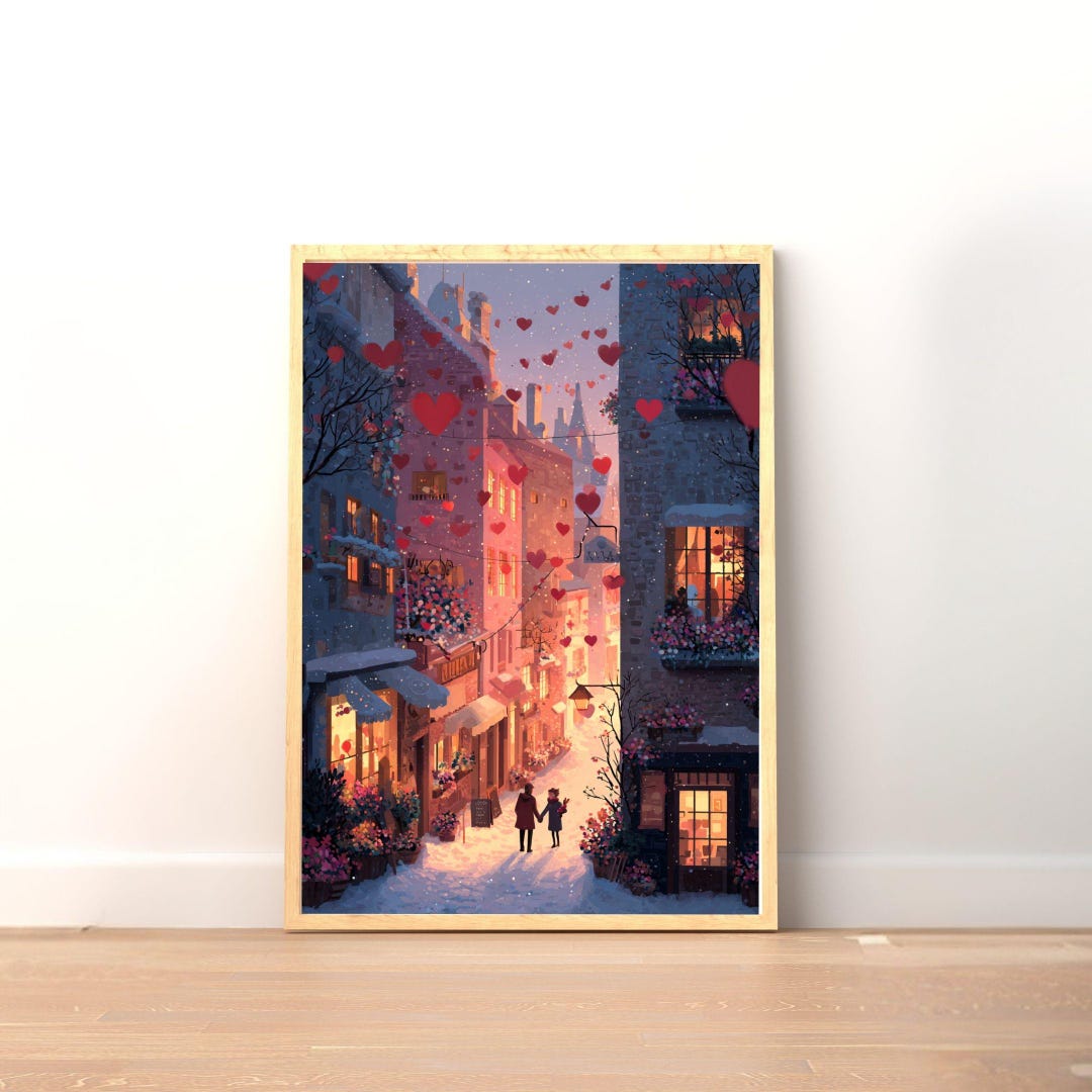 Romantic Street Scene Printable Art, Valentine’s Day Wall Decor, Winter ...