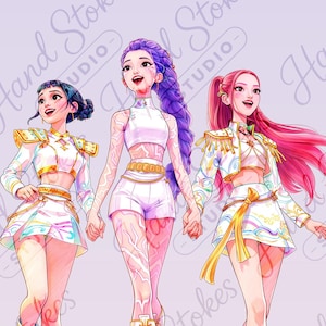 Puede incluir: Ilustración de tres mujeres con atuendos blancos y dorados a juego, tomadas de la mano. Cada una tiene un color de pelo diferente: negro, morado y rosa. Los atuendos incluyen tops cortos, faldas y botas. La imagen tiene una paleta de colores pastel.