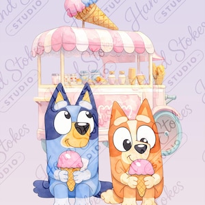 Puede incluir: Ilustración digital de dos perros de dibujos animados, uno azul y otro naranja, cada uno sosteniendo un cono de helado rosa. Están frente a un carrito de helados rosa con un gran cono de helado.