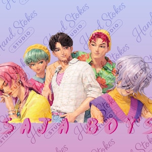 Puede incluir: Ilustración de cinco personas con rasgos estilizados y cabello colorido, vistiendo varios atuendos. La imagen tiene una paleta de colores suaves y pastel con el texto "Hand Stokes Studio" repetido.