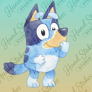 Puede incluir: Ilustración en acuarela de un personaje de perro azul con cuerpo azul claro, manchas azul oscuro y hocico canela. El perro sonríe y levanta la pata. El fondo tiene un degradado verde y amarillo con el texto "Hand Stokes Studio".