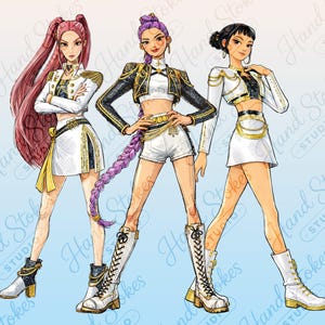 Może przedstawiać: Ilustracja trzech postaci w stylowych strojach. Postacie noszą białe i złote kurtki, szorty i spódnice. Każda postać ma unikalne fryzury, w tym długie czerwone włosy, fioletowy warkocz i czarny kok. Obraz zawiera tekst "Hand Stokes STUDIO".