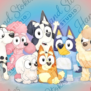 Puede incluir: Ilustración colorida con un grupo de perros de dibujos animados. Los perros están en varias poses y colores, incluyendo un dálmata, un caniche rosa y un pastor ganadero azul. El fondo es un degradado de rosa y azul.