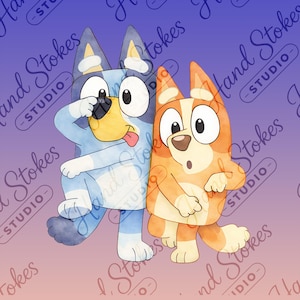 Puede incluir: Ilustración en acuarela de dos perros de dibujos animados, uno azul y otro naranja, con expresiones de sorpresa. El perro azul saca la lengua juguetonamente. El fondo tiene un degradado de morado y rosa con el texto "Hand Stokes Studio".