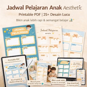 Puede incluir: PDF imprimible de horario infantil estético con más de 25 diseños bonitos. La imagen muestra varias plantillas de horarios en varios formatos, incluidos dispositivos digitales y hojas impresas. Los diseños presentan ilustraciones coloridas y texto en indonesio.