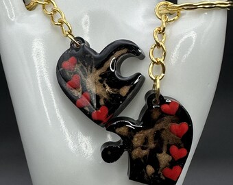 Handmade Resin Puzzle Heart Keychain Set, Black Gold Red Hearts, Couple Matching Keychains