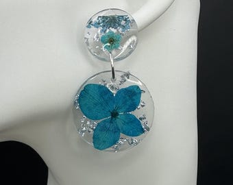 Pressed Blue Hydrangea Resin Dangle Earrings | Botanical Statement Jewellery