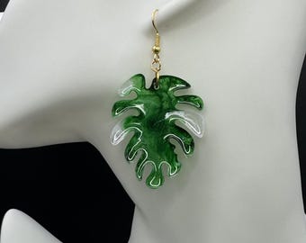 Monstera Leaf Resin Earrings | Tropical Botanical Statement Jewelry