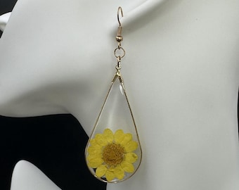 Pressed Yellow Daisy Resin Teardrop Earrings | Botanical Nature Jewellery