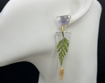 Real Pressed Fern Resin Earrings | Botanical Geometric Gold Flake Jewelry