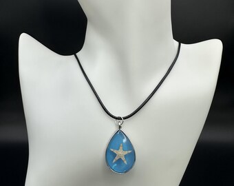 Handmade Starfish Resin Necklace, Ocean Blue Teardrop Pendant, Coastal Beach Jewelry
