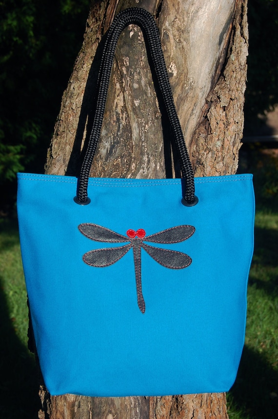 Small Canvas Tote Bag With Leather Dragonfly 