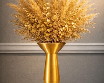 Designer Gold Vase with Full Dried Floral Arrangement, Asymmetrical Luxury Centerpiece, Modern Home Decor