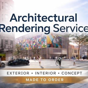 May include: An architectural rendering service is advertised in this image. The image shows a building with a colorful mural, cars, and people on a city street. The text includes "Architectural Rendering Service", "Exterior, Interior, Concept", and "Made to Order."