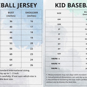 Puede incluir: Tablas de tallas para camisetas de b&eacute;isbol para adultos y ni&ntilde;os. La tabla para adultos incluye tallas S a 6XL, con medidas en pulgadas para largo, busto y hombro. La tabla para ni&ntilde;os incluye tallas 6M a Youth L.